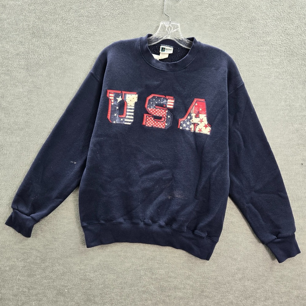 VINTAGE USA Flag Women Sweatshirt Large Blue Embroidered Crew Neck Pullover READ